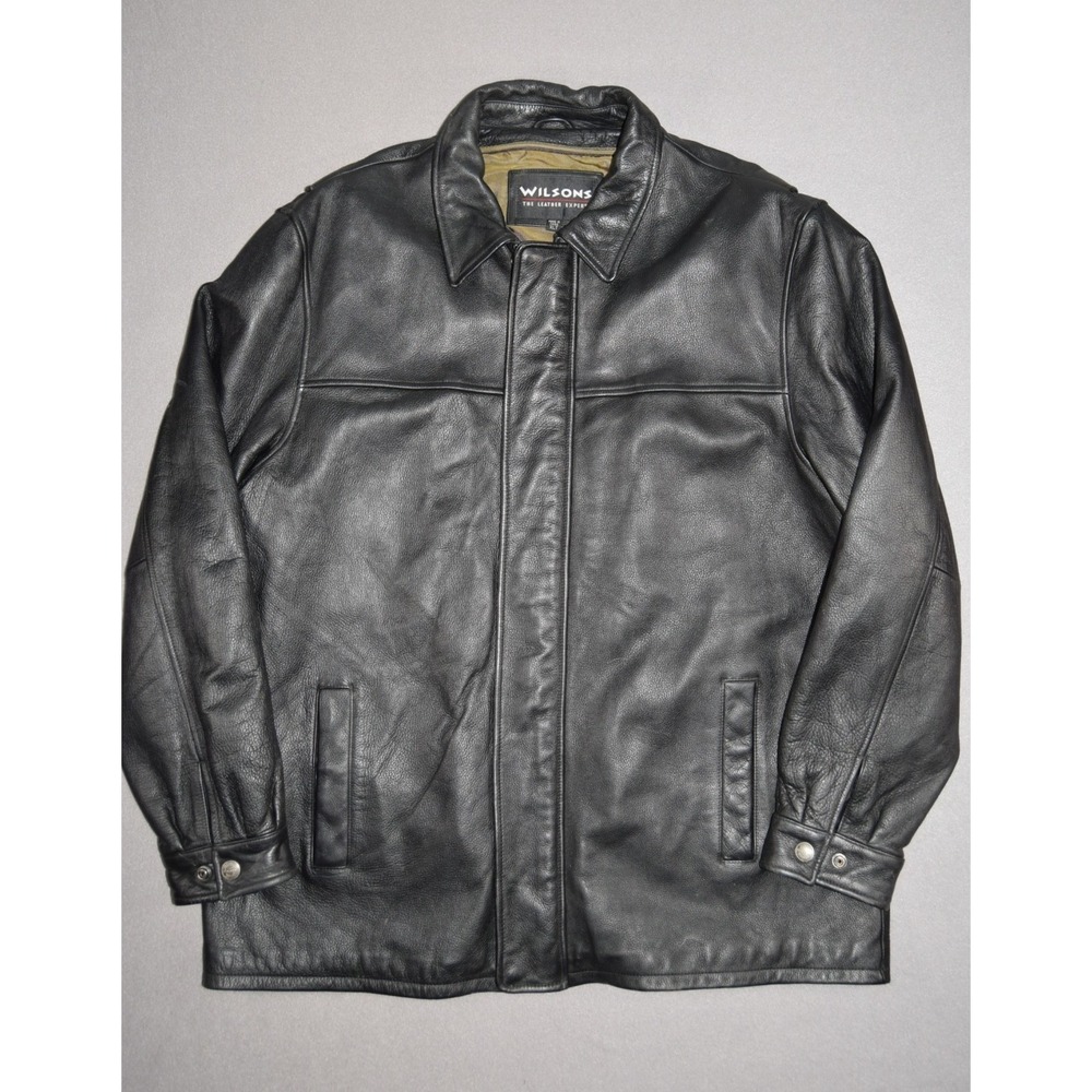 Wilsons Leather Jacket Mens XL Tall Black Mid Length Collared Lined Car Coat